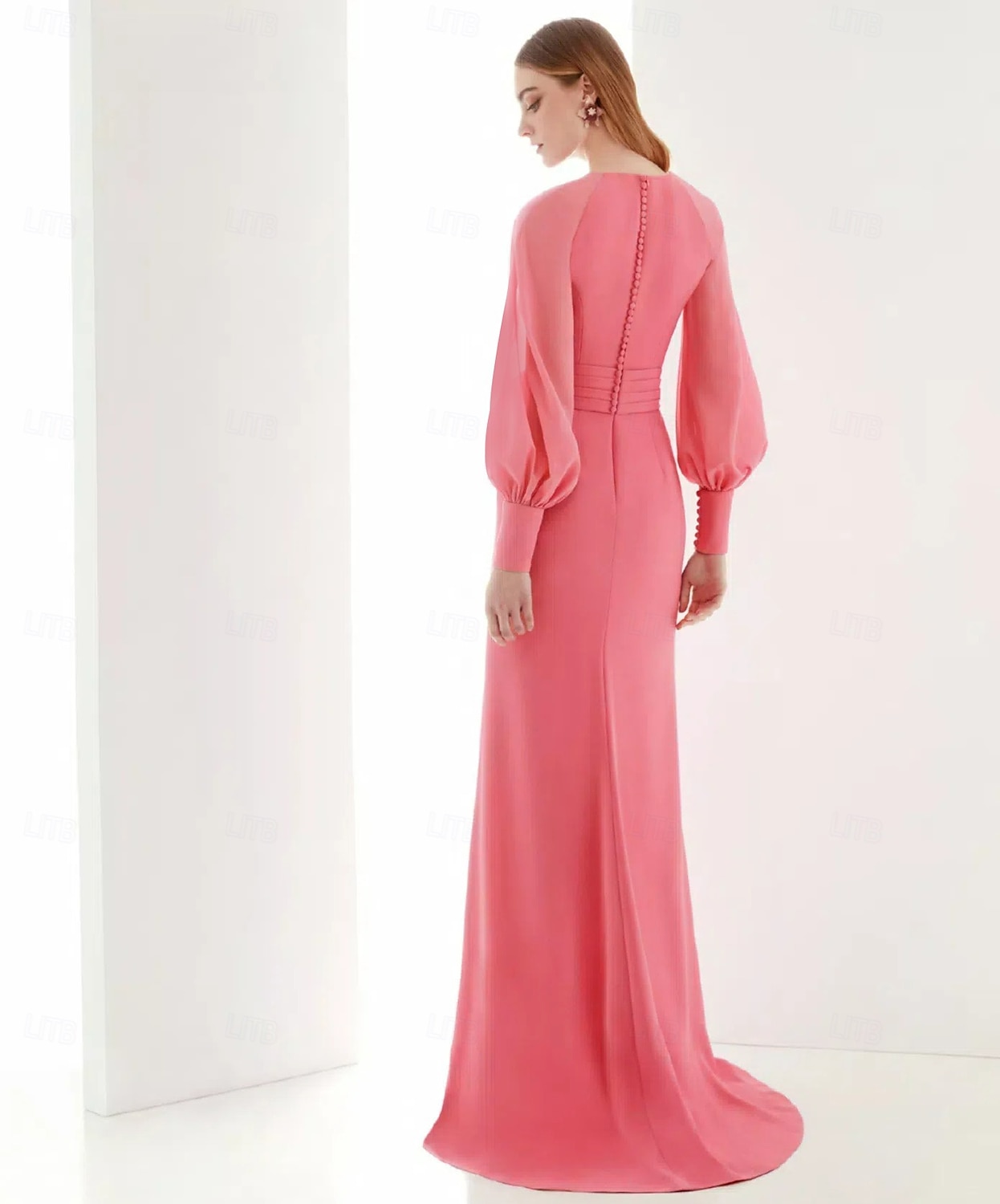 abito da sera rosa a trapezio elegante abito formale lungo fino al pavimento manica lunga scollo a V in chiffon con volant spacco farfalla 2025 del 2025 a $153.99 –P3