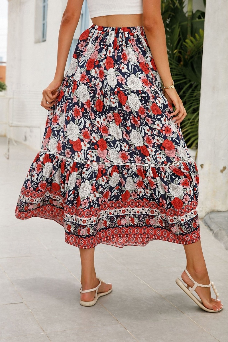 Pentru femei Fustă Boemia Casual Boho Maxi Talie Medie Fuste Floral Imprimeu Micro-elastic Vacanță Stradă Migdală Roșu-aprins Albastru piscină Portocaliu Vară Celofibră 2025 - $21.99 –P19