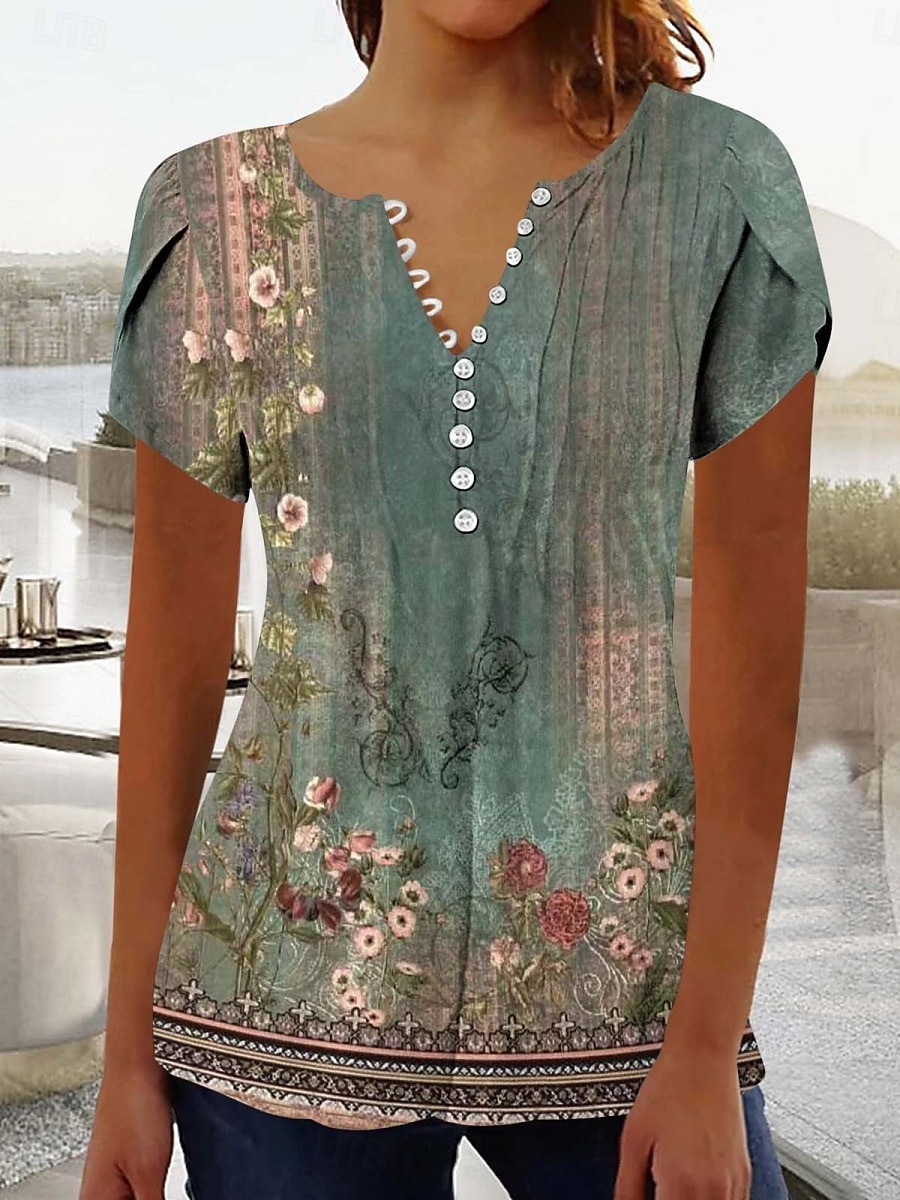 Dame Bluse Blomstret Grafisk Stilfull Fritid Kortermet V-hals Vanlige topper Daglig Knapper Trykt mønster Svart Gul Rosa Grønn Sommer 2025 - $23.99 –P2