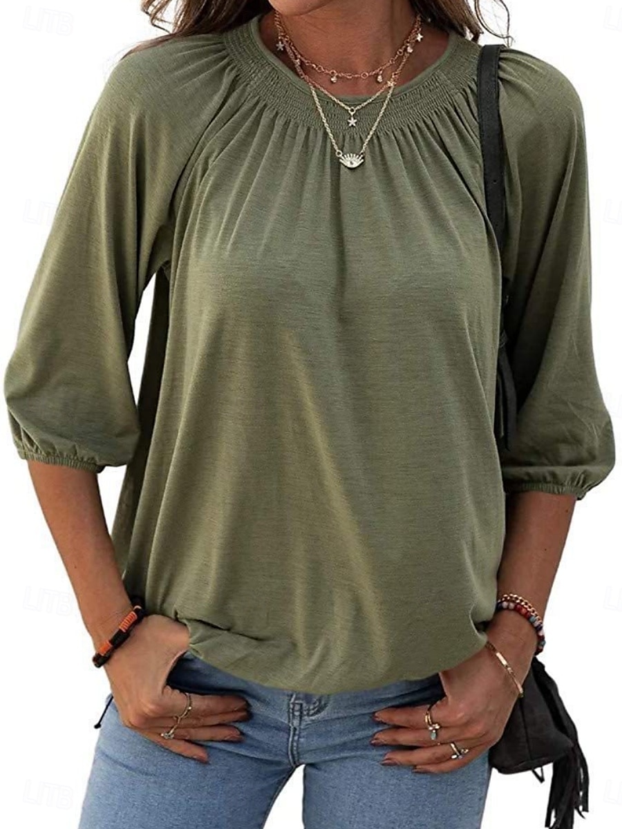 Femmes T-shirt Uni Mode Moderne Manche 3/4 Col ras du cou Hauts Réguliers Quotidien Noir Blanche Rose Claire Vin Vert Véronèse Été de 2025 ? $12.99 –P20