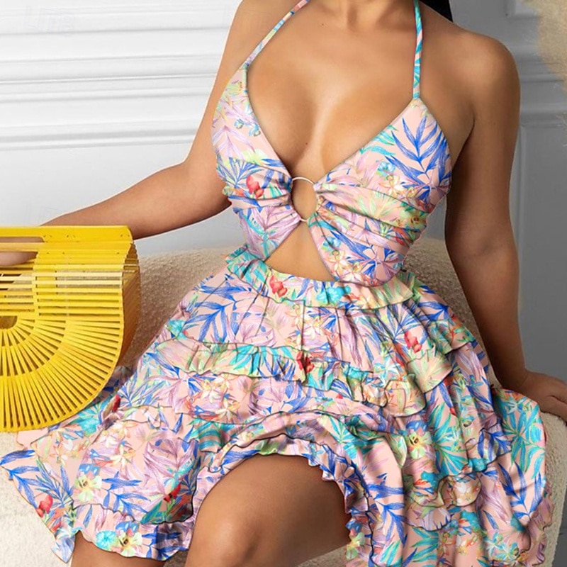 Femmes Mini Robe Robe à Volants Robe Fleurie Robe Imprimée Mode Extérieur Vacances Sortir Coupe régulière Fleur Sans manches Col Halter Jaune Rose Claire Rouge Vert Été de 2025 ? $25.99 –P5