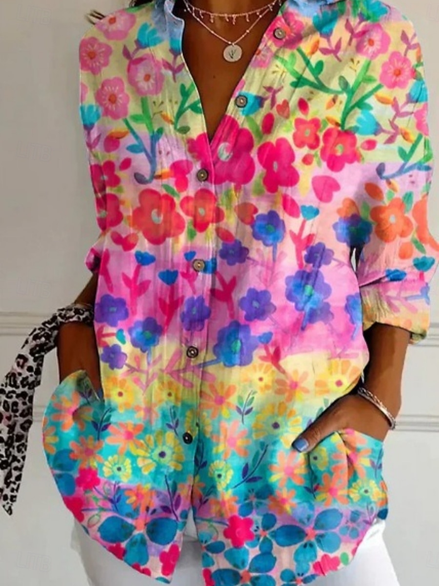 Dames Overhemd Bloemig Gestreept Stijlvol Modern Lange mouw Overhemdkraag Normale tops Dagelijks Feestdagen Zak Knop Afdrukken blauw Paars Fuchsia Oranje Zomer 2025 - $25.99 –P4
