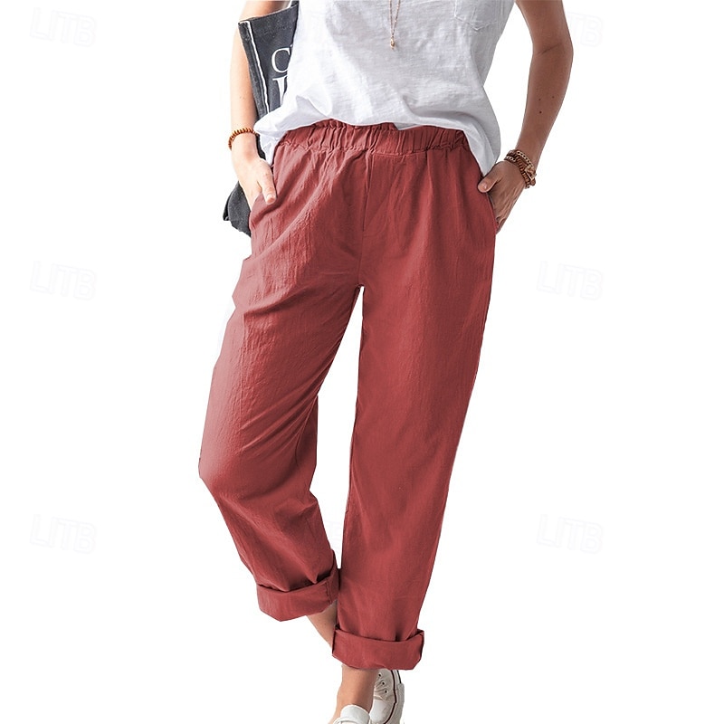 Per donna Pantaloni in cotone e lino Pantaloni Eleganti Casual Lunghezza intera Naturale Semplice Tasca Elastico in vita All'aperto Confortevole Streetwear Uscire Magenta azzurro cielo Grigio Nero del 2025 a $24.99 –P2