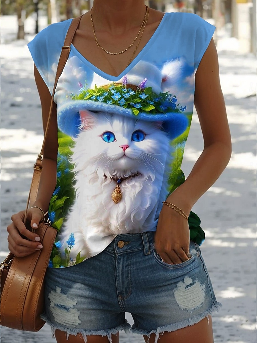 Dame Skjorte Bluse Blad Katt Stilfull Fritid Ermeløs Med stropper Vanlige topper Daglig Trykt mønster Gul Lysebrun Blå Grønn Sommer Vår 2025 - $17.99 –P1