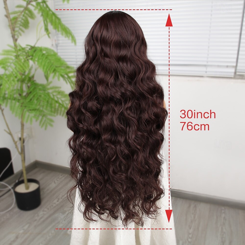 2025年 合成レースウィッグ ウェーブ スタイル 30 インチ ブラウン ミドル部 13x4レースフロント かつら 女性用 かつら ダークブラウン  コレクション – $77.99 –P6