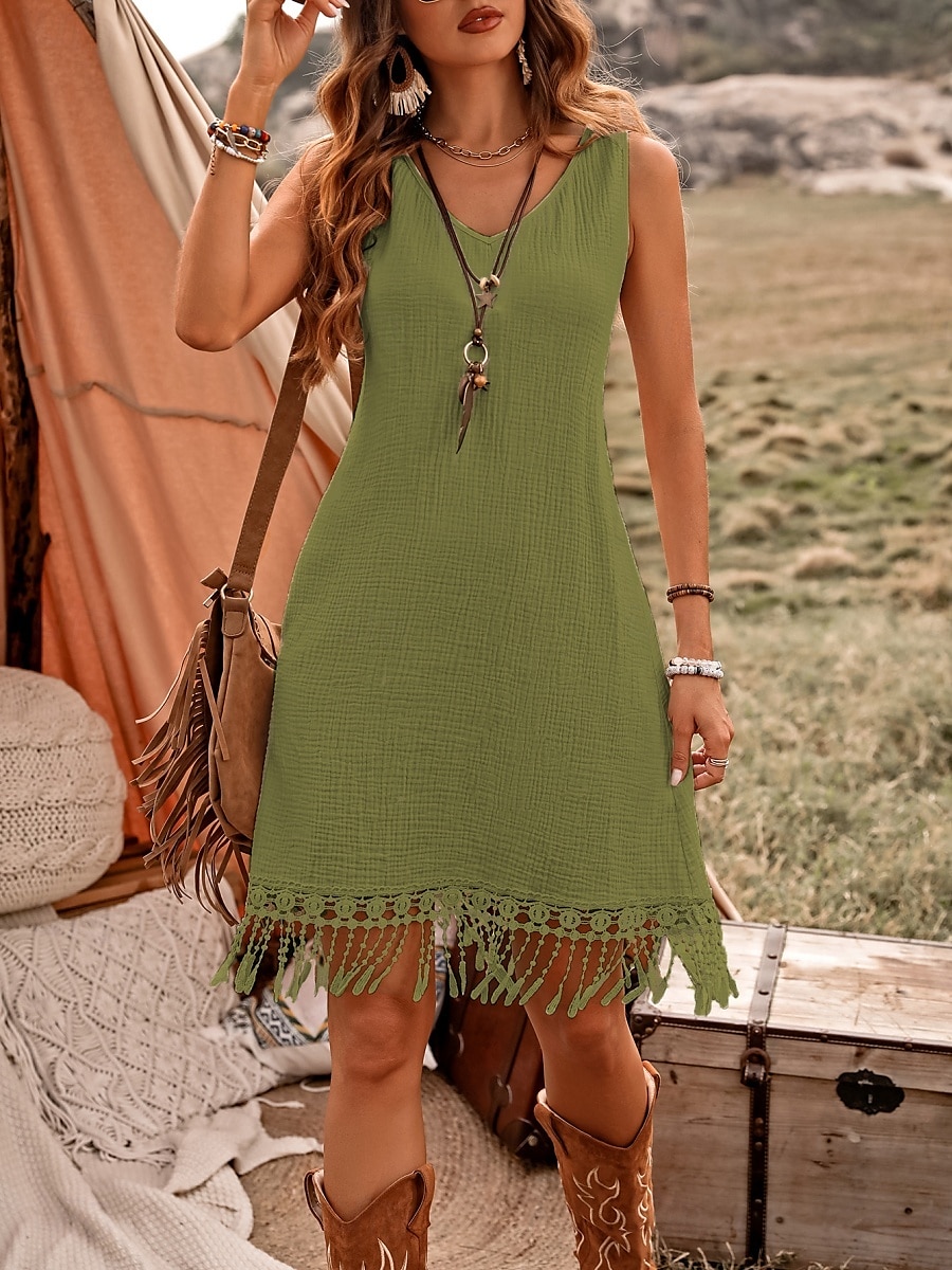 Robe mini femme robe d'été en couleur unie décontractée quotidienne ajustement régulier graphique sans manches col rond vert armée bleu marine marron été de 2025 ? $34.99 –P1