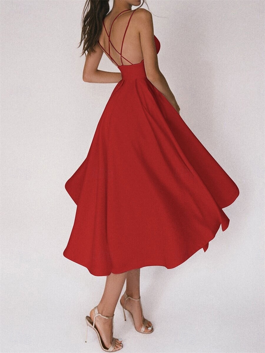 Hochzeitskleider A-Linie V Ausschnitt Ärmellos Tee-Länge Satin Brautkleider Mit Einfarbig 2025 2025 - $79.99 –P8