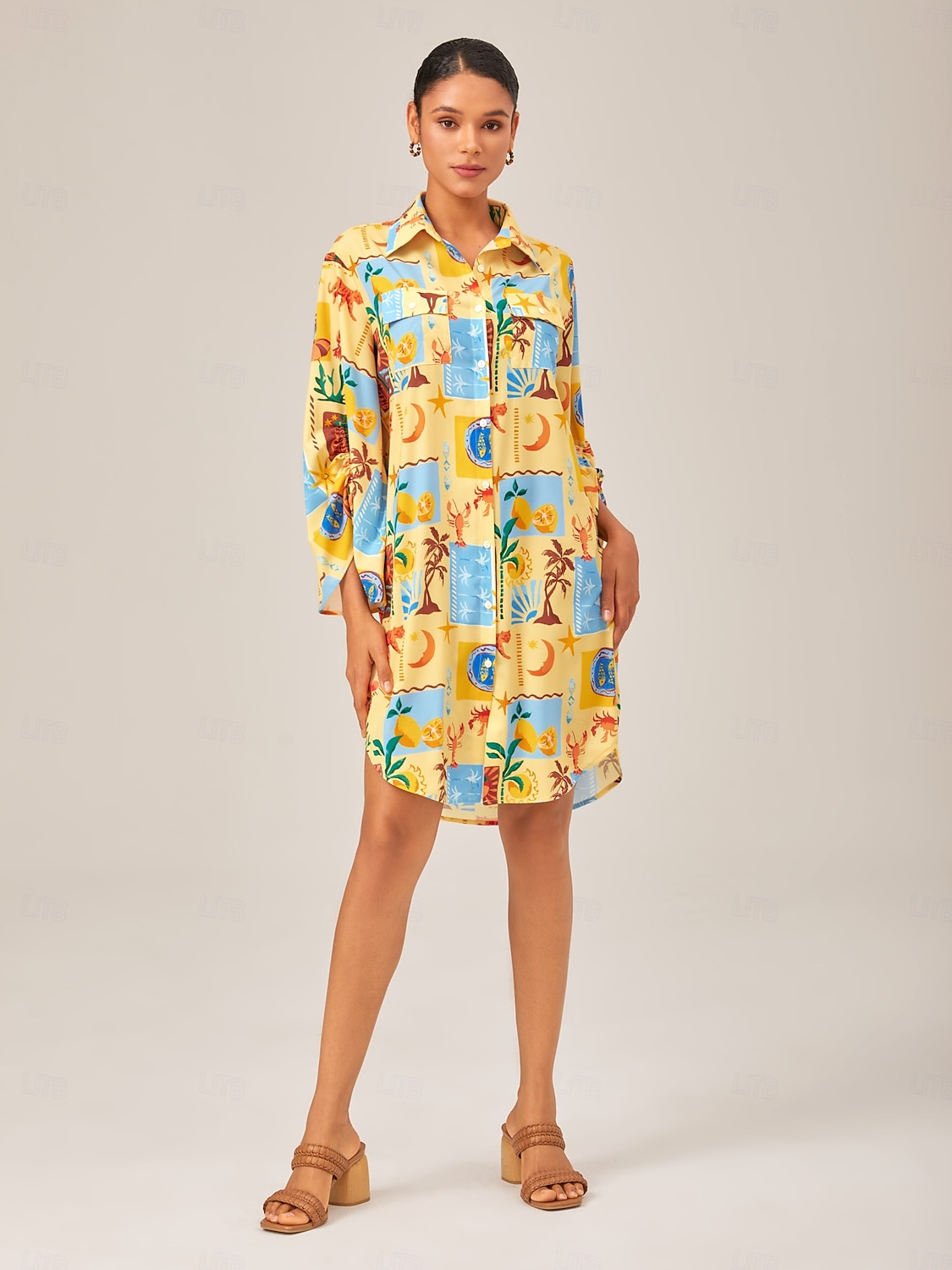 Mulheres Feminino Camisetão Vestido no Joelho Amarelo Manga Longa Folha Animal Árvore Botões Estampado Verão Colarinho de Camisa Férias Lazer XS S M de 2026 por $67.99 –P1