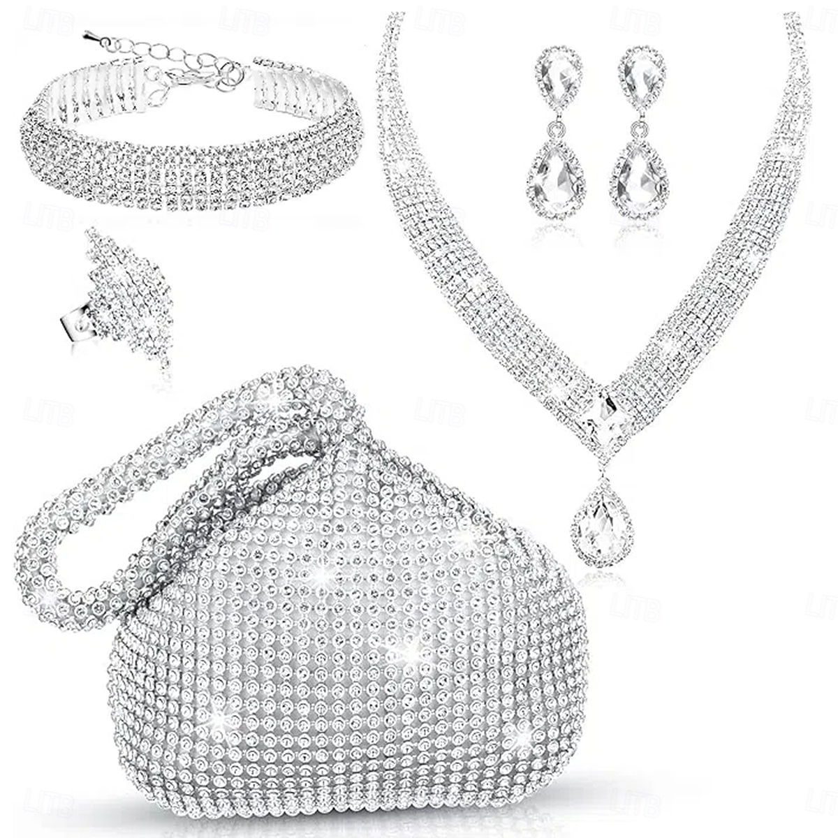 Halskette Ohrringe Ring Outfits Tasche elegant &luxuriöse funkelnde Polyester-Strass-Legierung für Cosplay-Modeschmuck für Damen 2026 - $40.99 –P1
