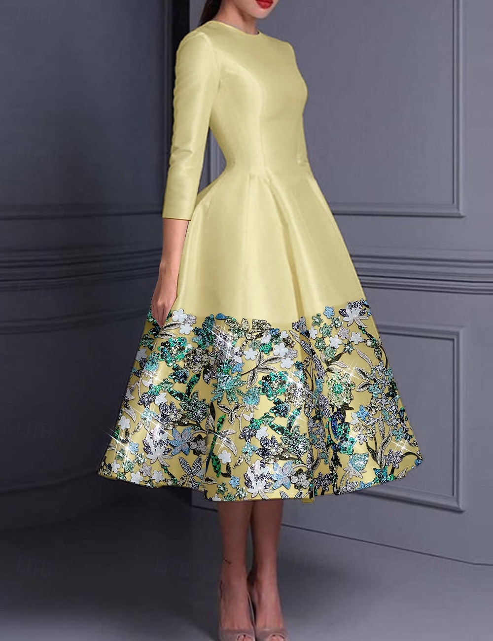 Robe cocktail élégante en A brodée floral robe formelle mariage longueur cheville manches longues col crew satin avec fente de 2025 ? $168.99 –P2