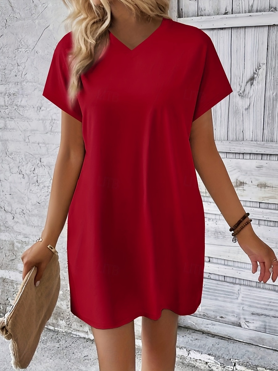 Damen Mini Kleid T-Shirt Kleid Tee Kleid einfarbig Sommer Kleid lässig täglich reguläre Passform Grafik Kurzarm V-Ausschnitt Schwarz Rot Olivgrün Aprikose Sommer 2025 - $19.99 –P16