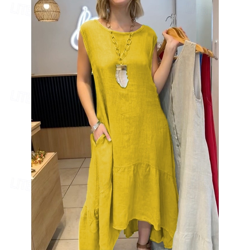 Pentru femei Rochii Midi Rochie A line Rochie de vară Casual Zilnic Concediu Plajă Fit regulat Simplu Fără manșon Stil Nautic Galben Roșu-aprins Trifoi Vară 2025 - $32.99 –P4