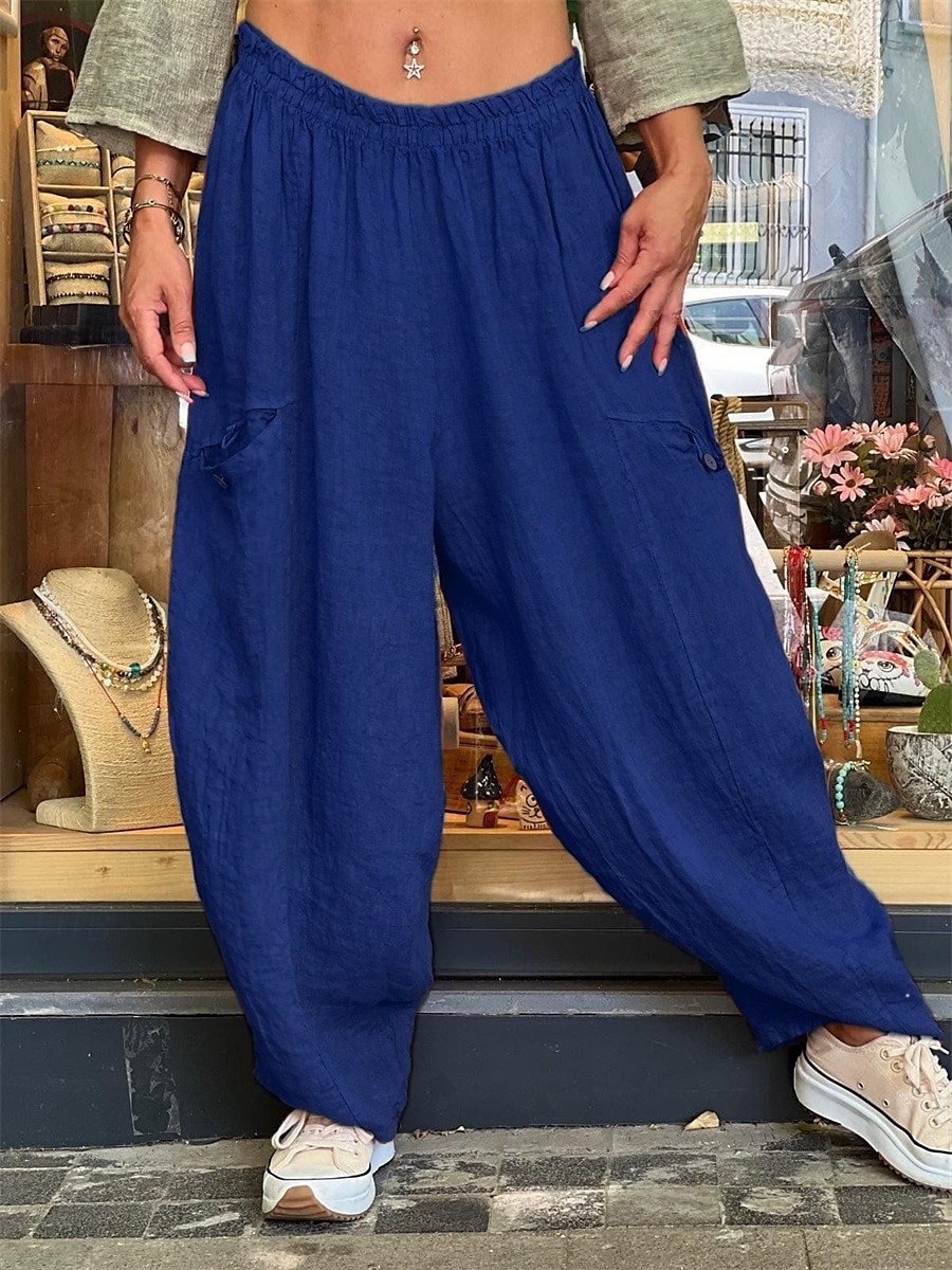 Calças Baggy Femininas de Pernas Largas de Cor Sólida Moda Bloomers Básico Comprimento Total Cintura Média Lisa com Bolso Cintura Elástica Conforto ao Ar Livre Microelástico Férias Rua Diário Dourado de 2025 por $25.99 –P6