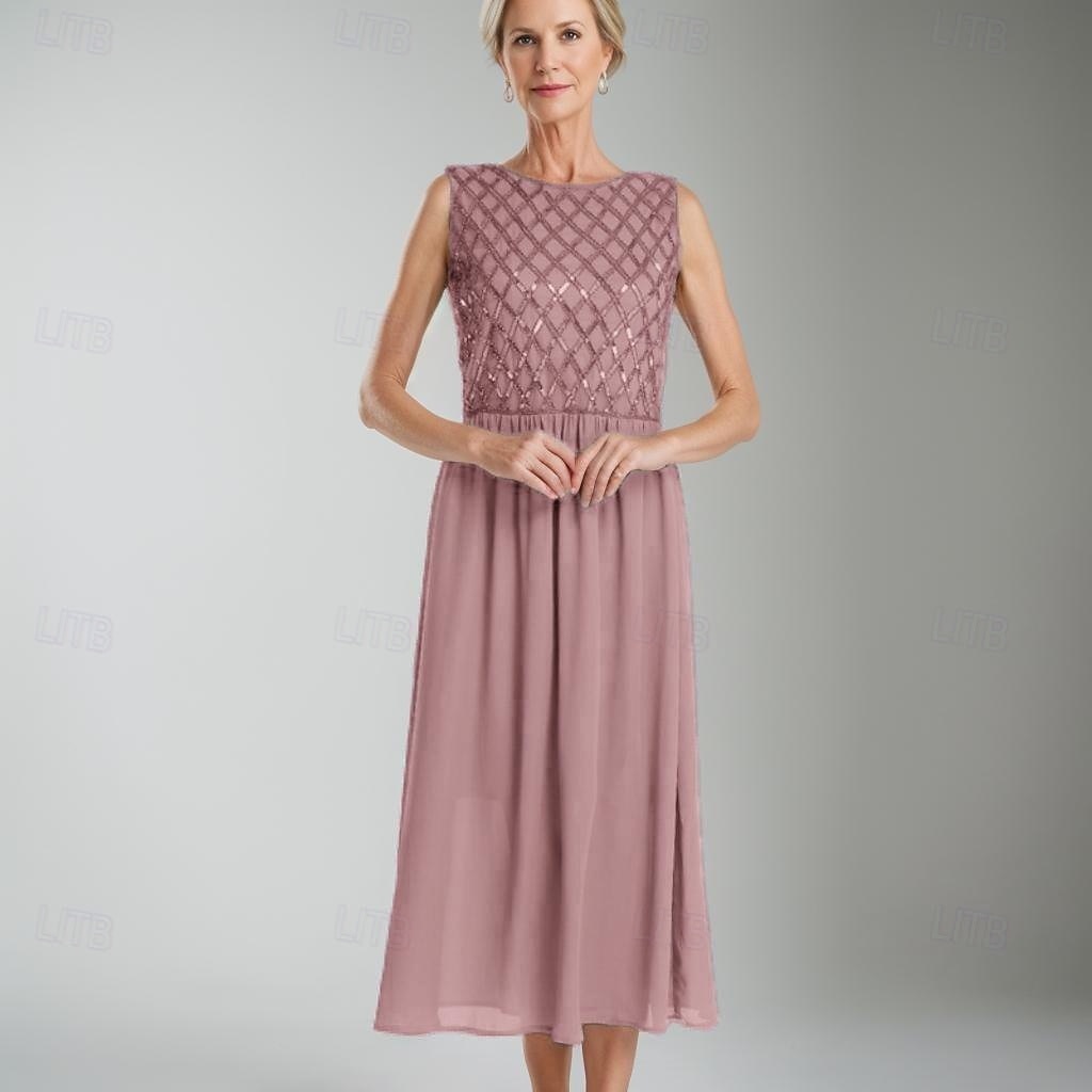 Ligne A Robe de Mère de Mariée  Formel robe demoiselle d honneur Élégant Simple Minimaliste Col ras du cou Longueur thé Chiffon Sans manches avec Paillettes 2025 de 2025 ? $149.99 –P5