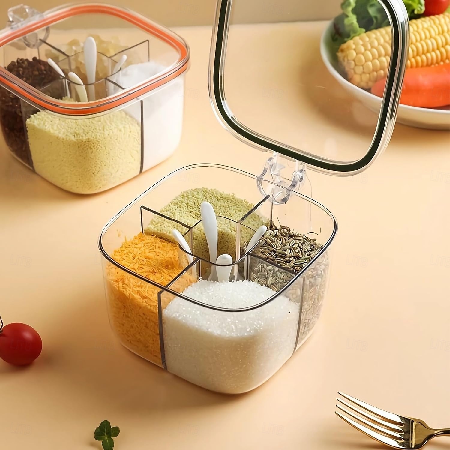 Conjunto de potes de condimentos com 2 compartimentos, caixa de temperos transparente com tampas e colheres, solução de armazenamento conveniente e organizada para sua cozinha de 2025 por $13.99 –P9