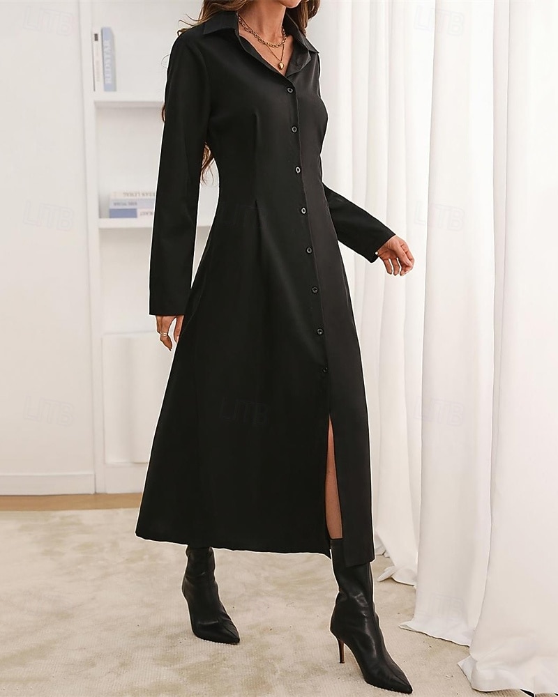 Femmes Robe Midi Robe Chemise Robe Décontractée Mode Moderne Quotidien Date Week-end Coupe régulière Uni manche longue Col de chemise Noir Été Printemps de 2025 ? $30.99 –P2