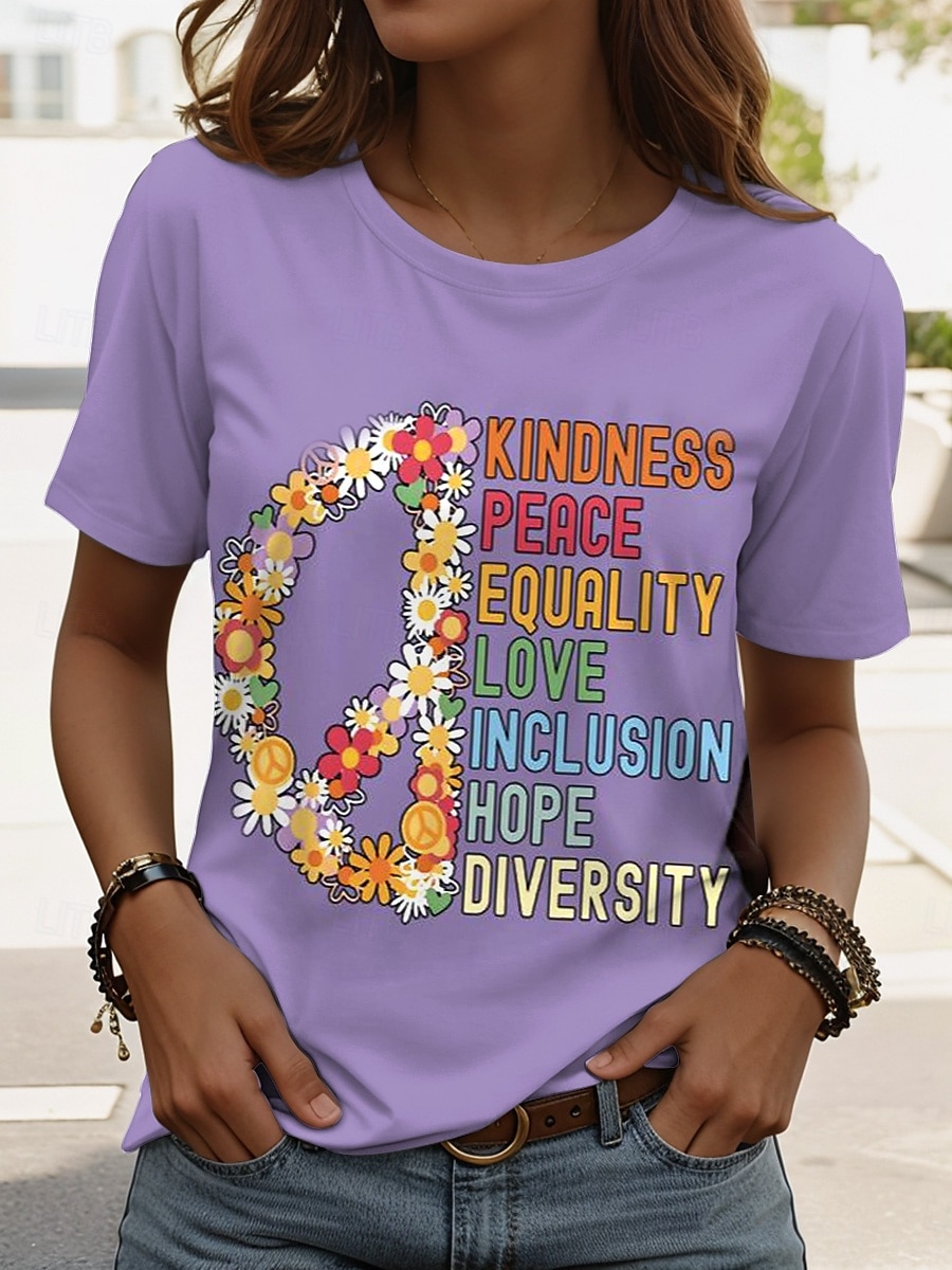 Pentru femei Tricou Grafic Scrisă Stilat Clasic Casual Manșon scurt Stil Nautic Topuri obișnuite Zilnic Imprimeu Negru Alb Roz Îmbujorat Albastru piscină Mov Vară PEACE 2025 - $19.99 –P3