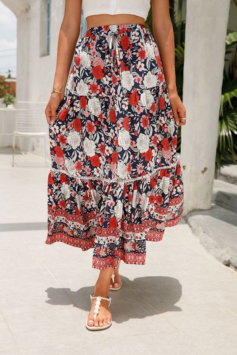 Pentru femei Fustă Boemia Casual Boho Maxi Talie Medie Fuste Floral Imprimeu Micro-elastic Vacanță Stradă Migdală Roșu-aprins Albastru piscină Portocaliu Vară Celofibră 2025 - $21.99 –P17