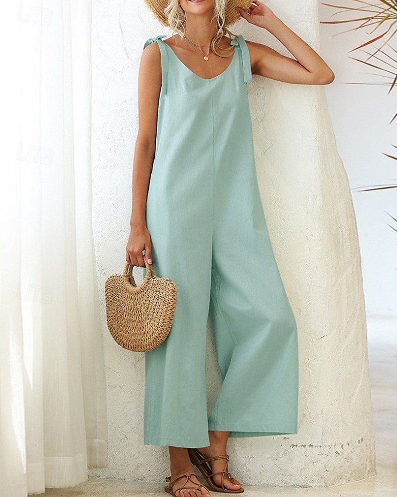 Women's Normal Dungarees Jumpsuit Streetwear Solid Color Sleeveless V Neck Backless Pocket Street Daily Regular Fit Black White Light Green Summer 2026 - $24.99 –P1