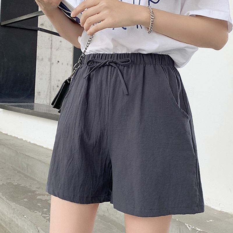 2025年 女性用 リネン風ショートパンツ スラックス クロップパンツ ファッション ストリートファッション 膝丈 ナチュラルウエスト 平織り ポケット 弾性巾着デザイン 快適 通気性 お出かけ 週末 フォレストグリーン ブラック ターコイズ ホワイト 夏 レギュラー  コレクション – $15.99 –P10