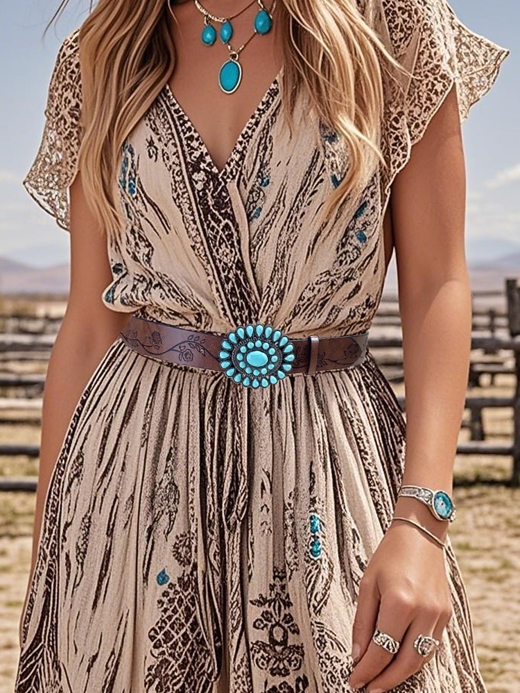 حزام نسائي غربي فيروزي اللون - حزام خصر من الجلد الصناعي منقوش بالورود للروديو والمهرجانات وأزياء البوهو والملابس الكاجوال 2025 - $18.99 –P1