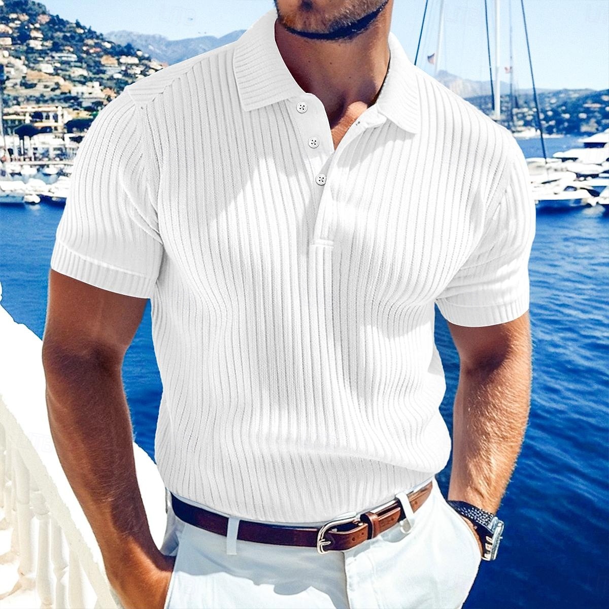 Men's Rib Knit Top Golf Polos Shirts Work Casual Lapel Ribbed Polo Collar Short Sleeve Basic Modern Color Block Buttons Knitted Summer Spring & Summer Regular Fit White Yellow Burgundy Navy Blue 2025 - $12.49 –P8