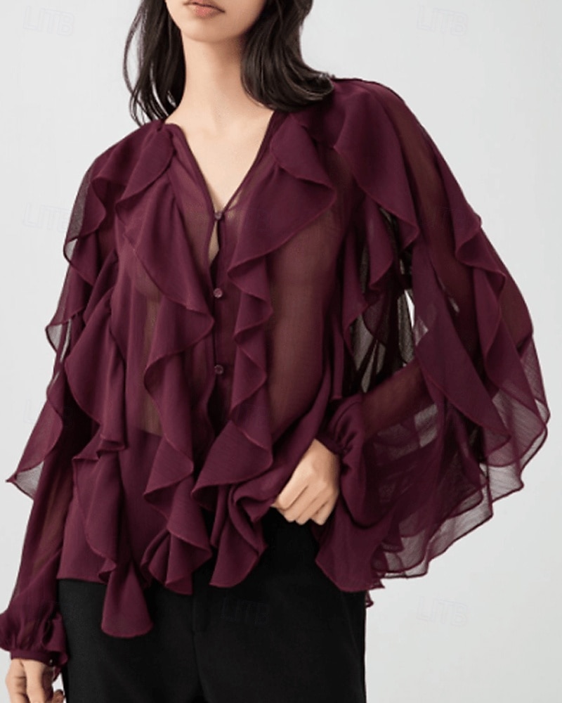 Femmes Chemise Chemisier Uni Élégant Moderne manche longue Col en V Hauts Réguliers Fête Sortir Superposé Vin Été de 2025 ? $34.99 –P2