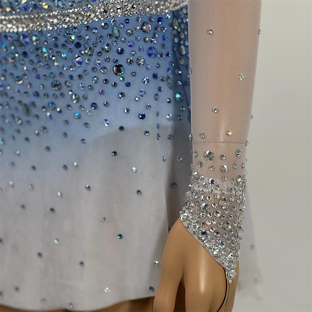 Kunstschaatsjurk Dames Voor meisjes Schaatsen Jurken Hemelsblauw + wit Lapwerk Open achterkant Netstof Hoge Elasticiteit Opleiding Wedstrijd Kunstschaatskleding Klassiek Kristal / Bergkristal Lange 2025 - $182.99 –P2