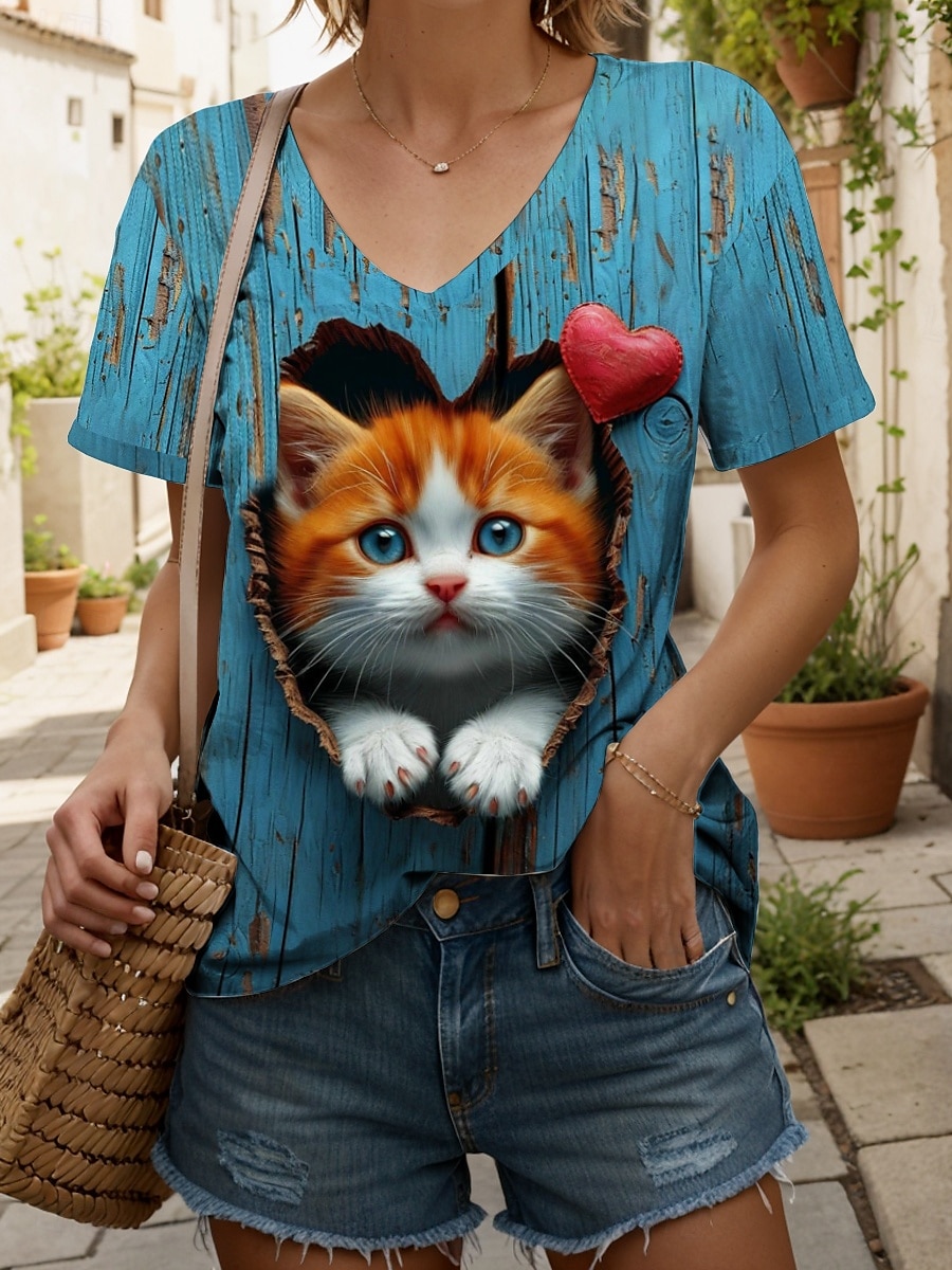 Per donna Maglietta Grafico Animale Gatto Vintage Elegante Casual Manica Corta Scollo a V Top Regolari Quotidiano Stampato Blu Viola Verde Estate Primavera del 2025 a $19.99 –P1
