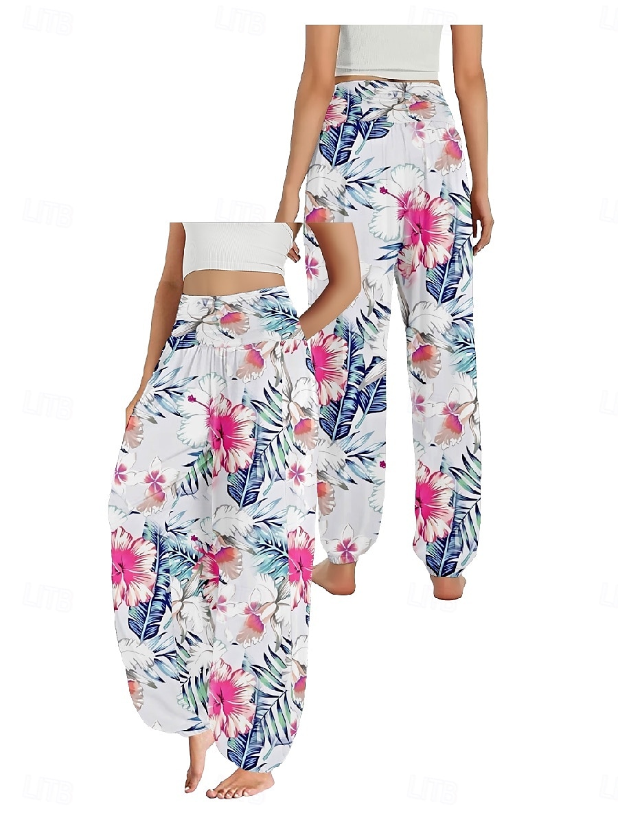 Dam Linneinspirerade byxor Brett skaft Byxor Etnisk Stil Ledigt Boho Fullängd Hög midja Blommig Löv Tropisk Ficka Elastisk midja Tryck Mateial som andas Mjuk Microelastisk Utomhus Yoga Svart Rosa 2025 - $21.99 –P9