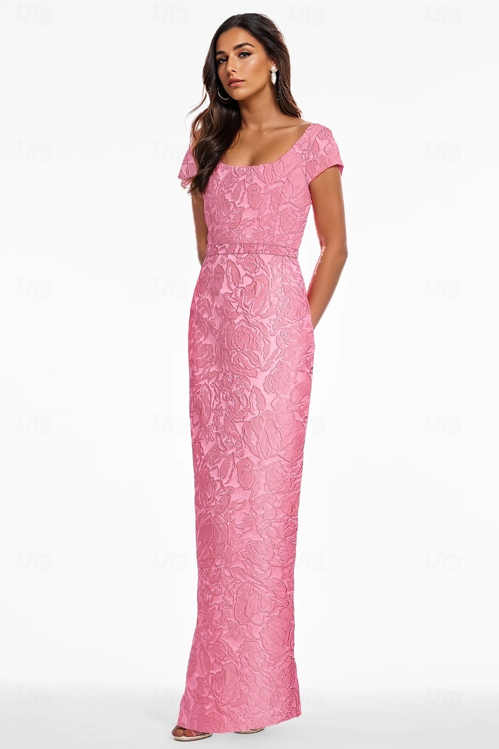 Pink Jacquard Floral Column Evening Gown Elegant Dress Formal Wedding Ankle Length Short Sleeve V Neck Nylon with Floral Print Slit Pocket Wedding Guest Dress 2025 - $136.99 –P1
