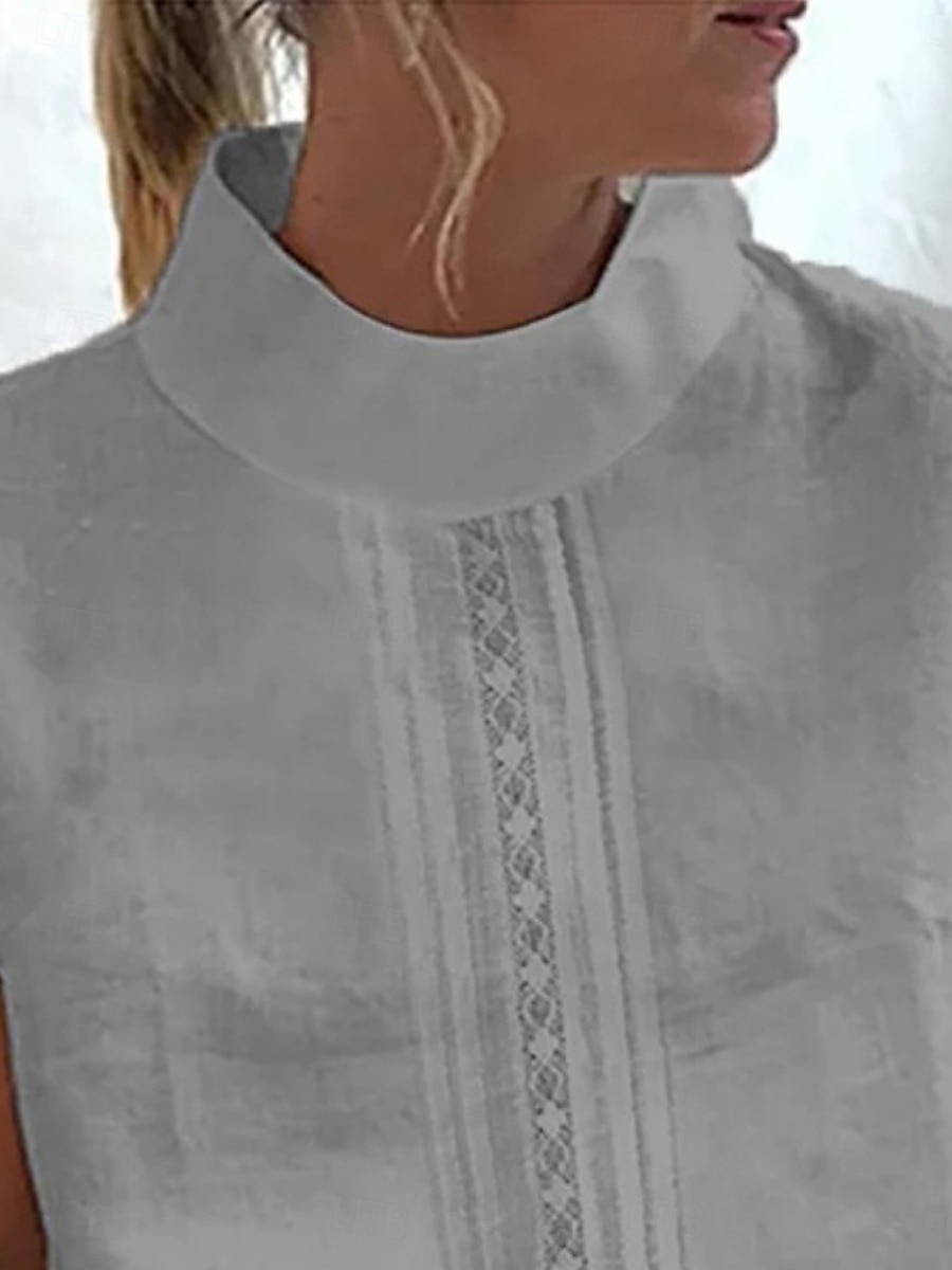 Blusa Donna Cotone Lino Monocromatica Basic Casual Manica Corta Alta Collo Top Quotidiani Patchwork Bianco Grigio Estate Primavera del 2025 a $23.99 –P2