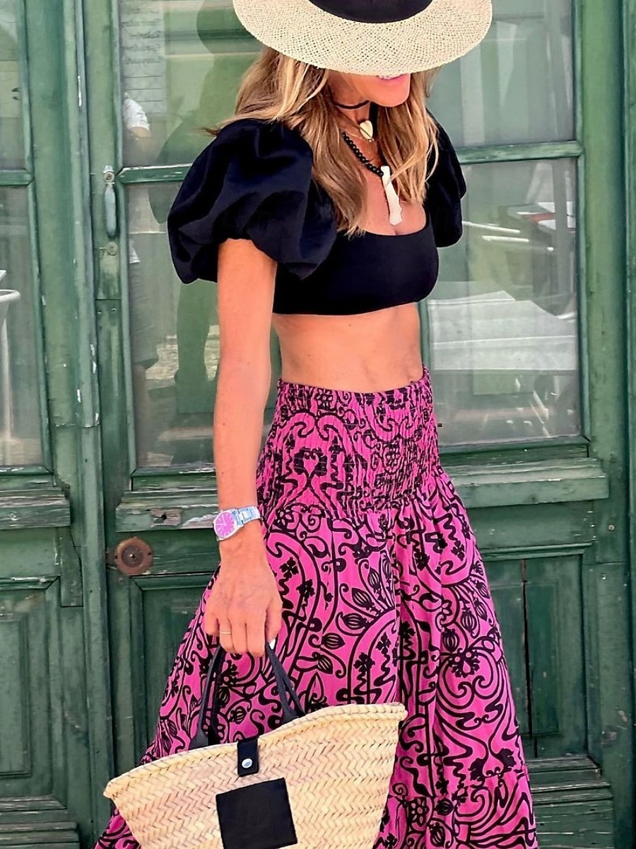 Damenrock Maxirock A-Linie Swing Bohemia Legere Maxirocken Hochtaillierte Blumen Taschenmuster Mikro-elastisch Straße Alltag Rosa Fuchsia Sommer Polyester Baumwollmischung 2025 - $25.99 –P2