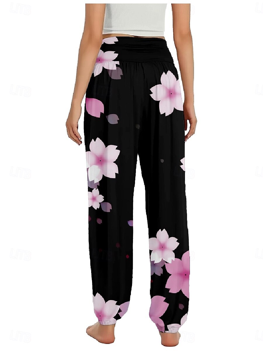 Dam Linneinspirerade byxor Brett skaft Byxor Etnisk Stil Ledigt Boho Fullängd Hög midja Blommig Löv Tropisk Ficka Elastisk midja Tryck Mateial som andas Mjuk Microelastisk Utomhus Yoga Svart Rosa 2025 - $21.99 –P14