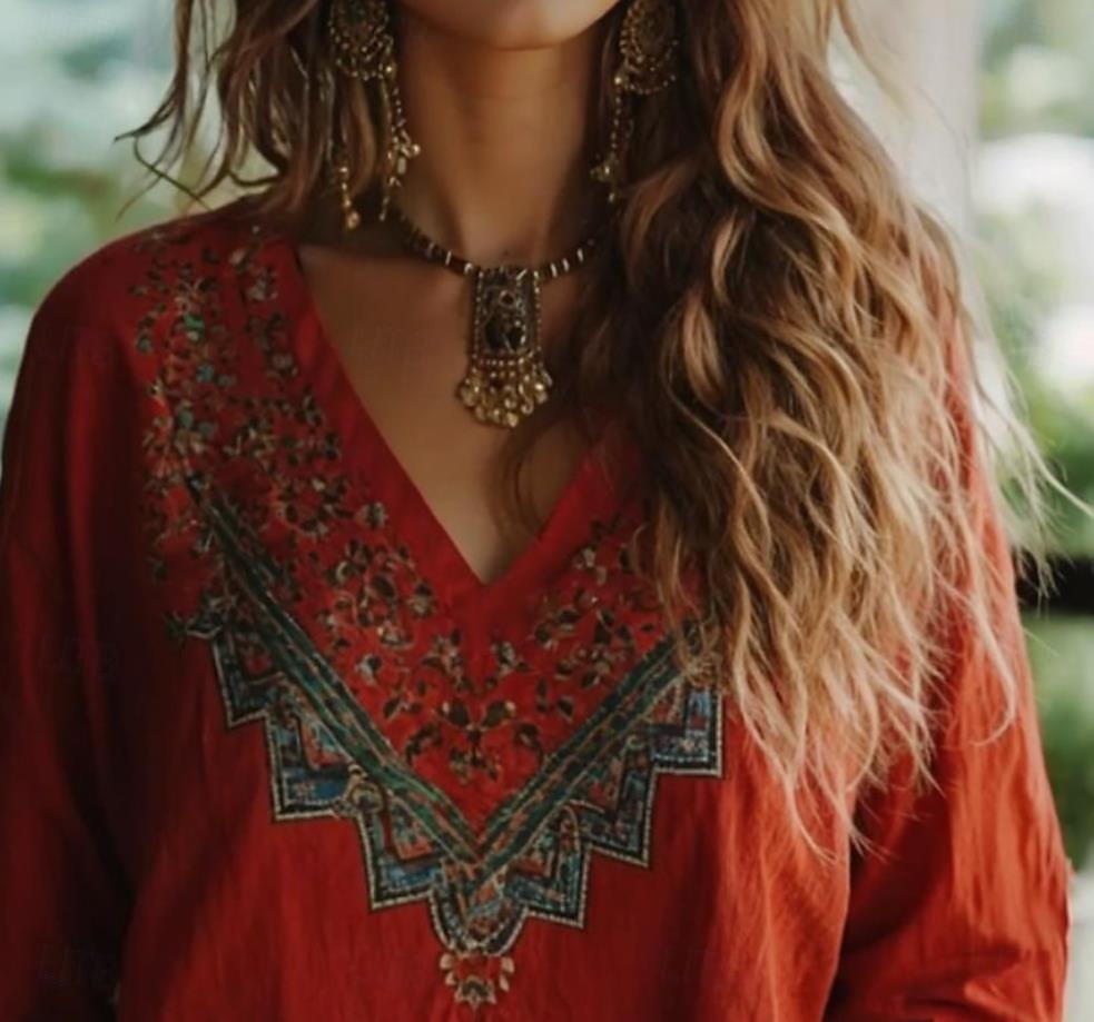 Boho Bluse Damen Floral Grafik Bohemia Vintage Tropisch 3/4-Länge Ärmel V-Ausschnitt Reguläre Oberteile Rot Sommer Frühling 2026 - $27.99 –P2