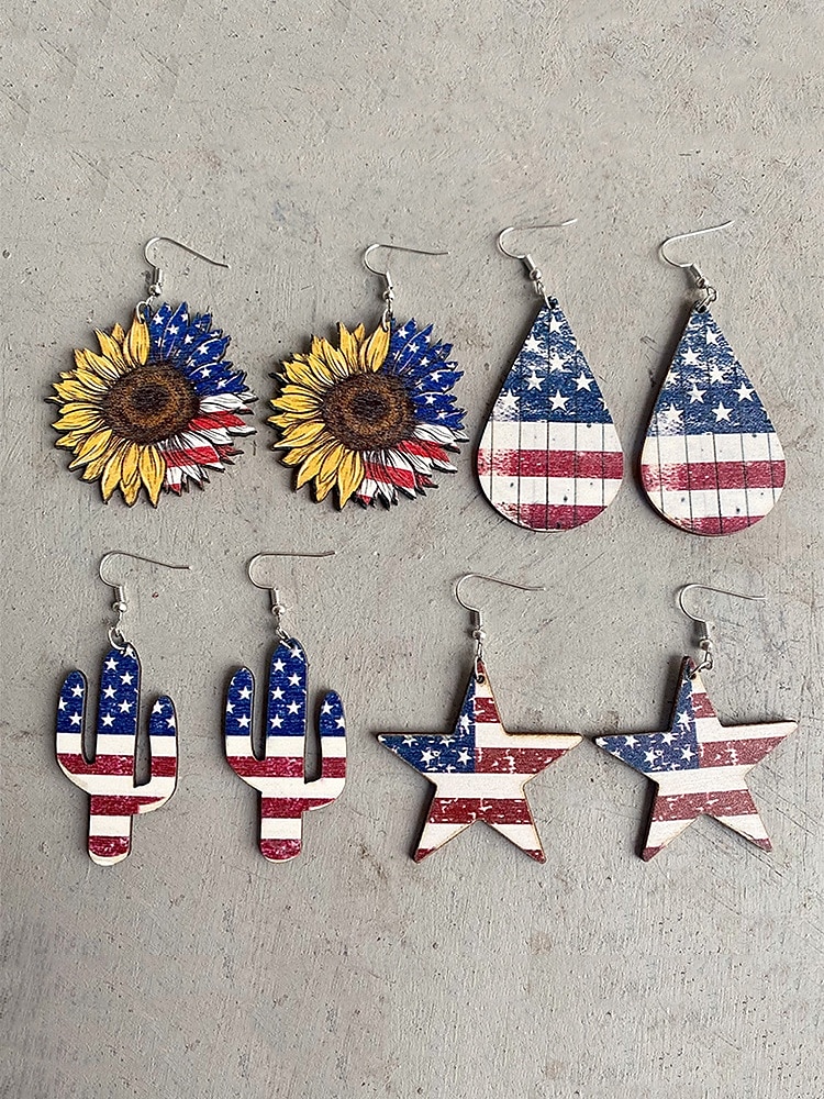 Pendientes colgantes de madera con diseño de girasol y bandera estadounidense para mujer: joyas ligeras de estilo bohemio patriótico para el Día de la Independencia, el 4 de julio, el Día de los Caídos y festivales de verano. 2025 - $7.99 –P5