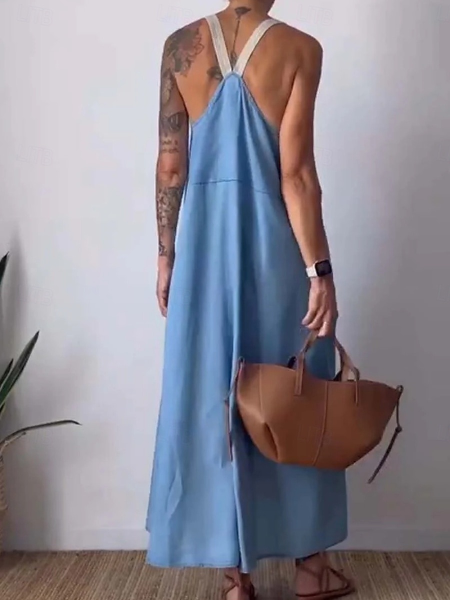 Maxi abito da donna abito estivo abito a sottoveste casual quotidiano vestibilità regolare grafico in lino simile senza maniche spalline nere bianche blu khaki estate del 2025 a $32.99 –P2