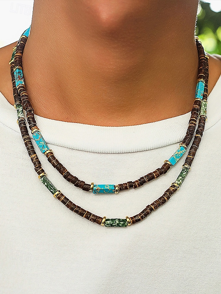 Collier de perles en bois naturel pour homme avec des accents turquoise, style surfeur bohème, bijoux réglables pour la plage, les festivals et les tenues décontractées de 2025 ? $9.99 –P1