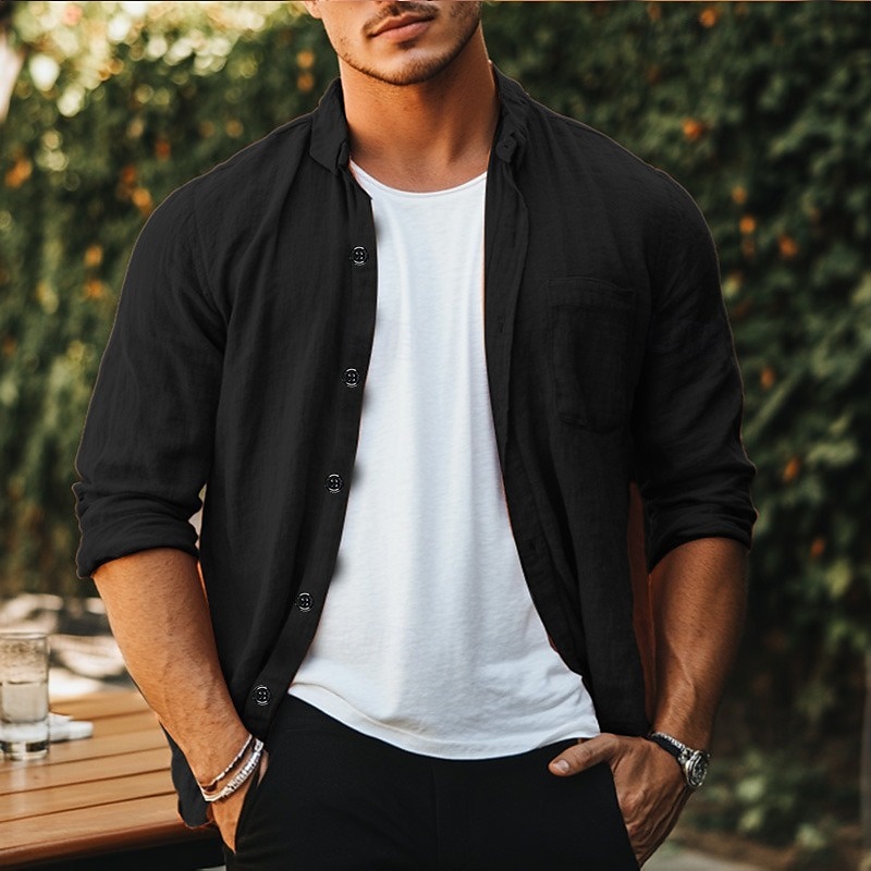 Per uomo Camicia camicia di lino Camicia estiva Camicia da spiaggia Tinta unica Esterno Da mare Nero Verde Cachi Grigio Manica lunga Collo ripiegabile Primavera & Autunno Abbigliamento Bottone giù del 2025 a $7.39 –P4