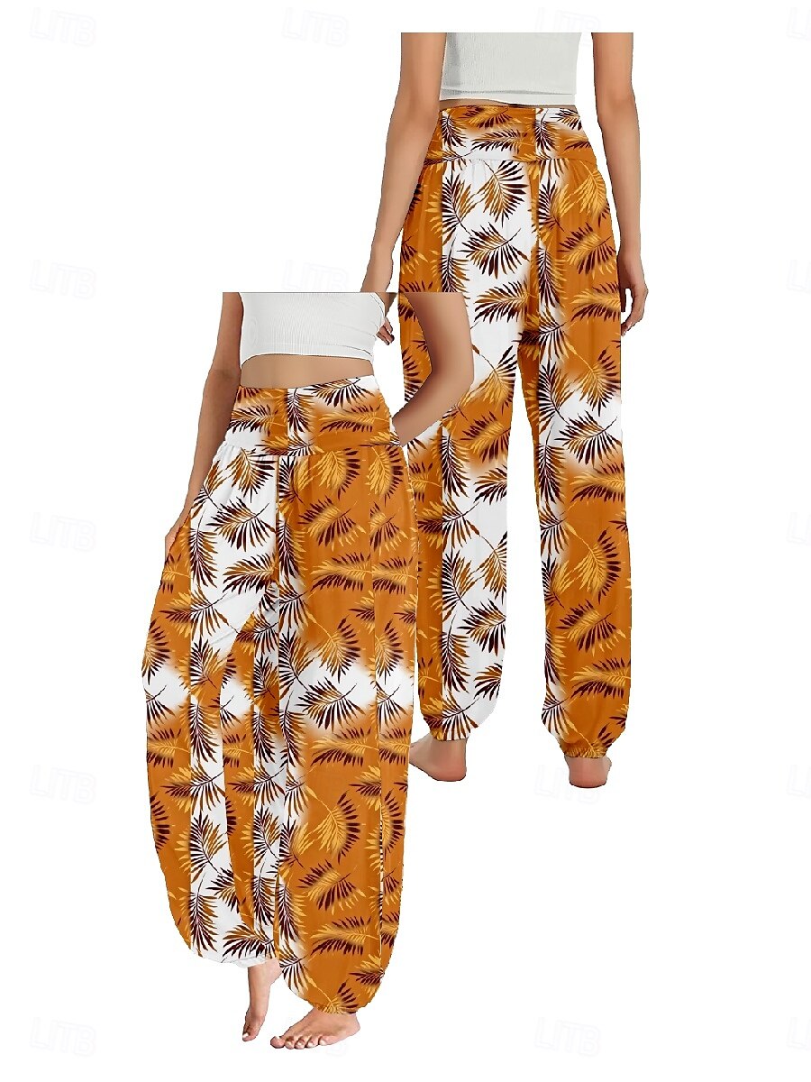 Women's Linen-Inspired Pants Wide Leg Pants Trousers Ethnic Style Casual Boho Full Length High Waist Floral Graphic Pocket Elastic Waist Printing Breathability Soft Micro-elastic Outdoor Yoga Blue 2025 - $21.99 –P12