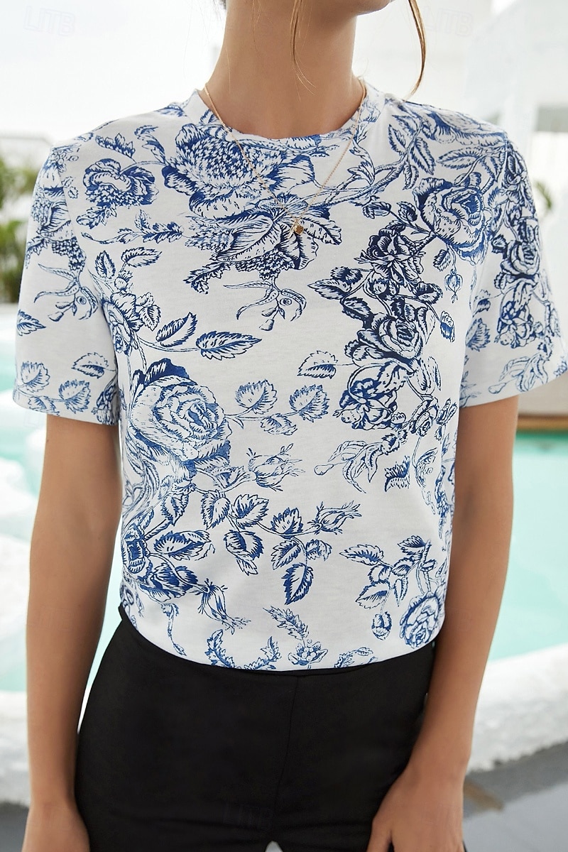 Dame T skjorte Blomstret Moderne Fritid Kortermet Crew-hals Vanlige topper Daglig Helg Trykt mønster Hvit Sommer 2025 - $16.99 –P4