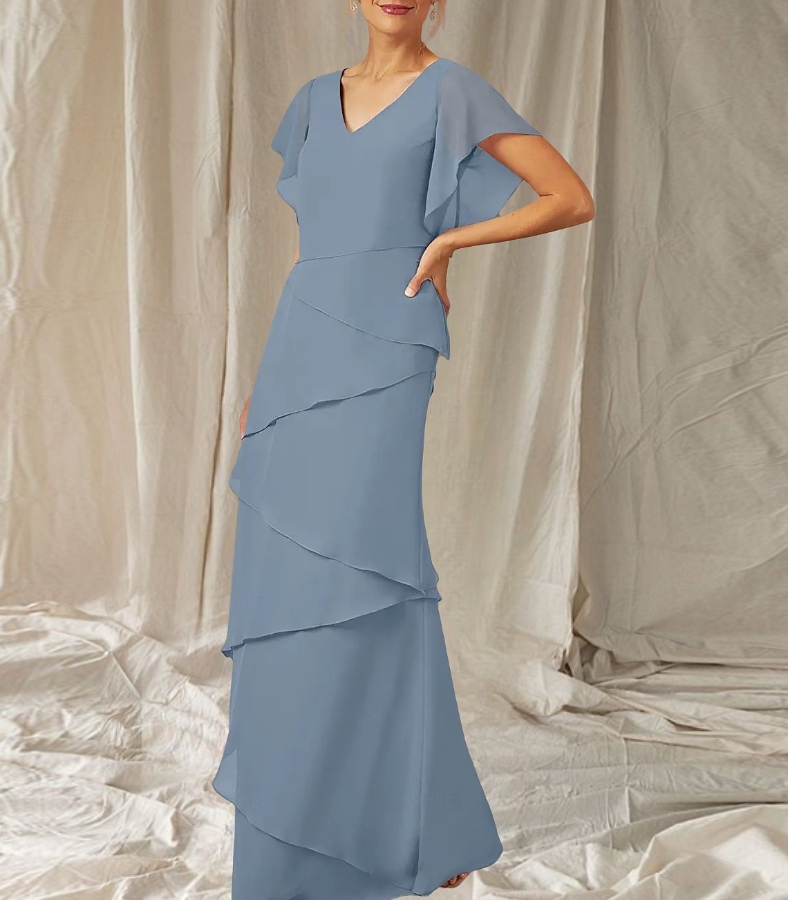 Abito Due Pezzi A-Line Madre della Sposa Ospite Matrimonio Elegante Inclusa Fascia V Collo Lunghezza del Pavimento Chiffon Manica Mezza Fascia Inclusa con Volant del 2025 a $174.99 –P2