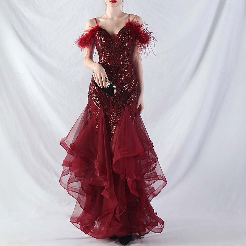 Abiti Quinceanera Mermaidi  Trumpet in Paillettes Elegante Abito Formale Semi Formale Matrimonio Lunghezza P_avimento Senza Maniche Scollo a V Tulle Volant con Piume del 2025 a $139.99 –P4