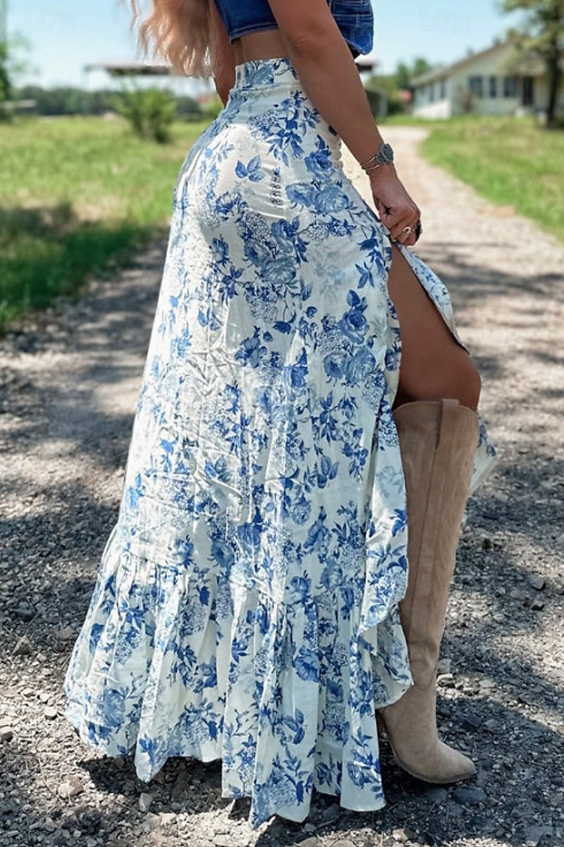 Damen Rock Bohemien Lässig Boho Maxi Mittlere Hüfthöhe Röcke Blumen Druck Gespleißte Enden Mikroelastisch Straße Ausgehen Beige Sommer Polyester 2025 - $21.99 –P3