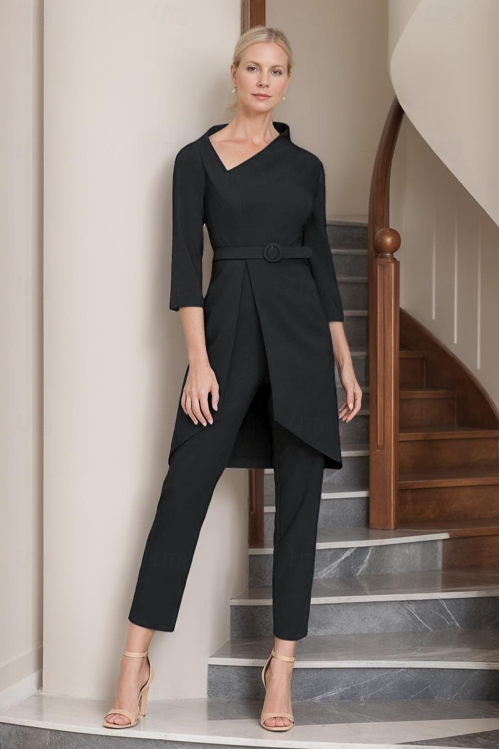 Two Piece Mother of the Bride Pantsuit Simple Minimalist Casual V Neck Ankle Length Crepe 3/4 Length Sleeve with Sash / Ribbon 2025 - $159.99 –P4