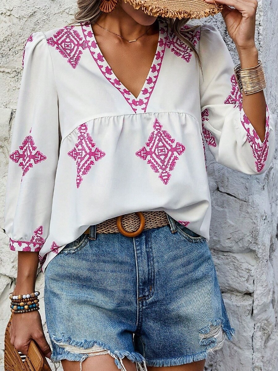 Mulheres Blusa Geométrica Boêmia Casual Manga 3/4 Manga Princesa Decote V Tops regulares Diário Imprimir Rosa Azul Marinha Roxo Verde Verão Primavera de 2025 por $22.99 –P1