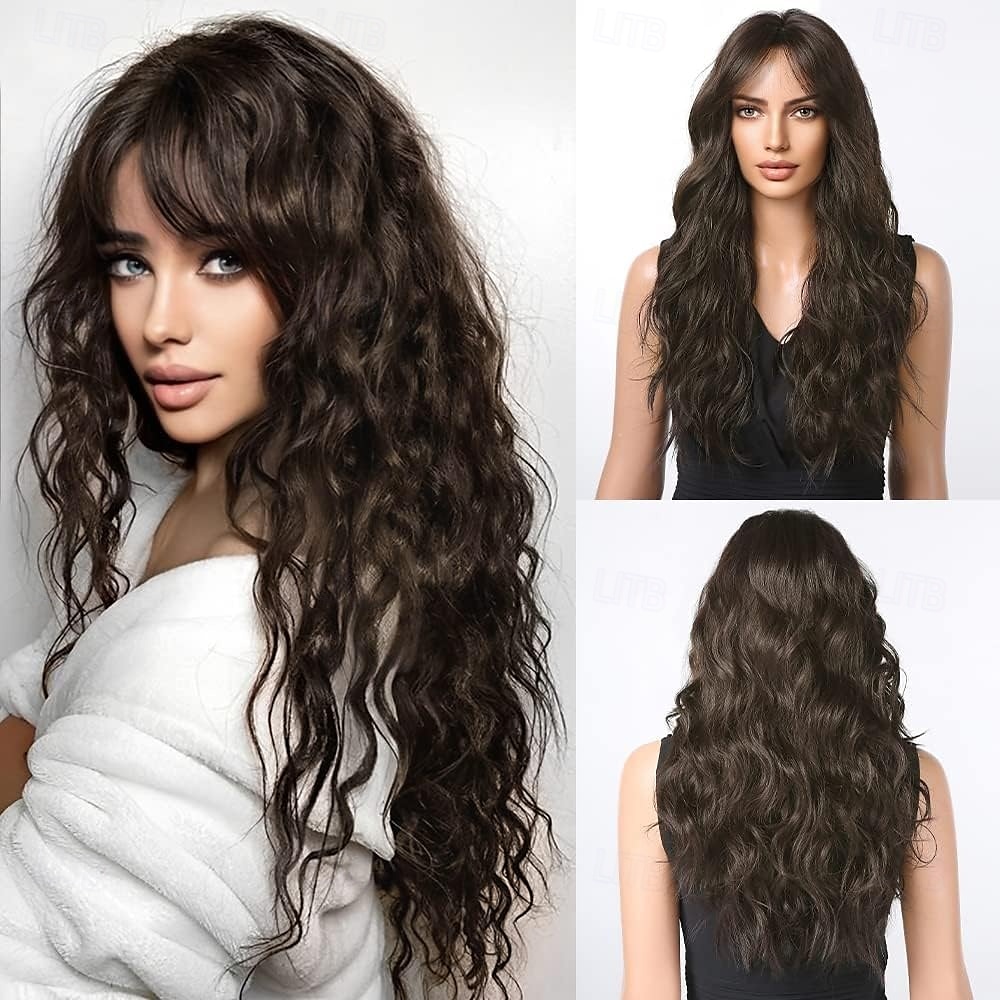 Pelucas rizadas marrones para mujer, peluca de cabello sintético con reflejos rubios. 2025 - $28.99 –P3