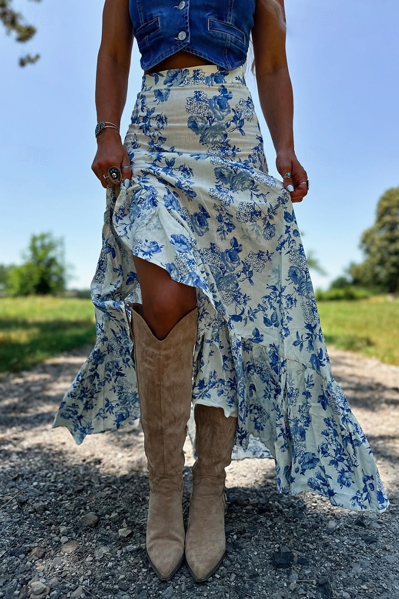 Damen Rock Bohemien Lässig Boho Maxi Mittlere Hüfthöhe Röcke Blumen Druck Gespleißte Enden Mikroelastisch Straße Ausgehen Beige Sommer Polyester 2025 - $21.99 –P1
