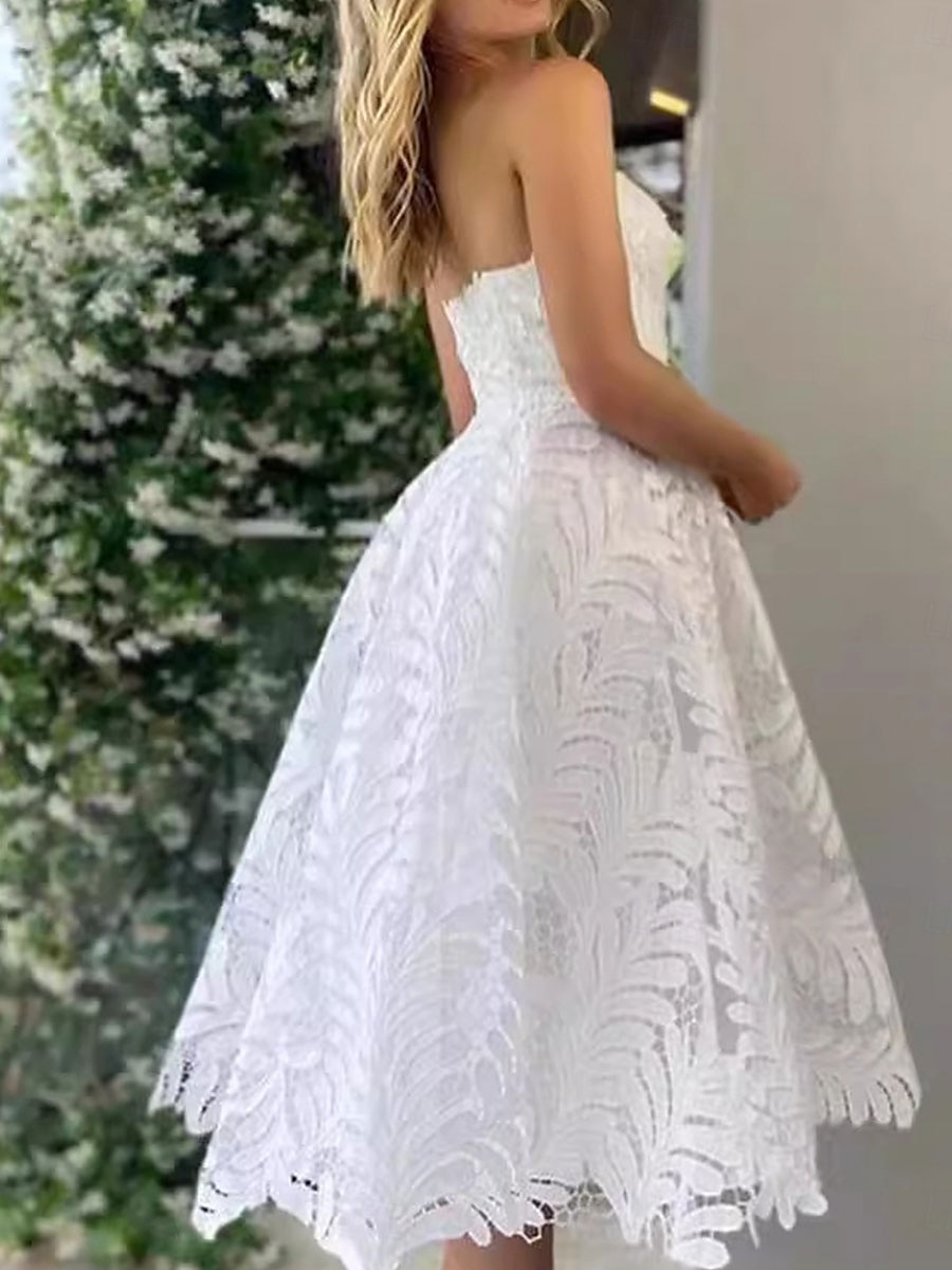A-Line koktejl šaty Elegantní šaty pro svatební sprchu Bílé svatební šaty pro hosty Midi délka bez rukávů Sweetheart výstřih květinová krajka aplikace 2025 - $149.99 –P2