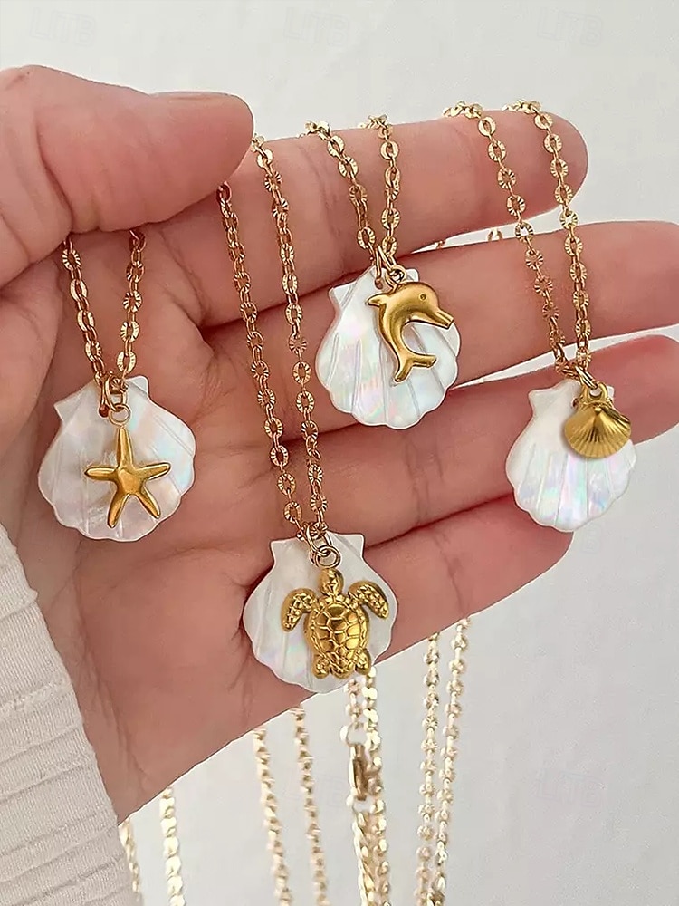 Women's Mother-of-Pearl Seashell Pendant Necklaces – Beach-Inspired Gold Chain Jewelry with Nautical Charms (Starfish, Turtle, Dolphin, Shell) for Summer Travel, Vacations & Gifts 2025 - $11.99 –P5